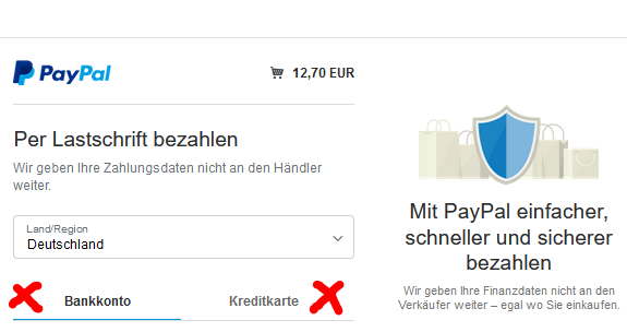 Zahlung Bankeinzug oder Kreditkarte mit Paypal